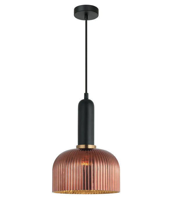 VINTAJ: Retro Dome Shape Ribbed Glass Interior Pendant Lights (Available in Smokey Black, Green, Amber, Copper Painted, Chrome & Clear)