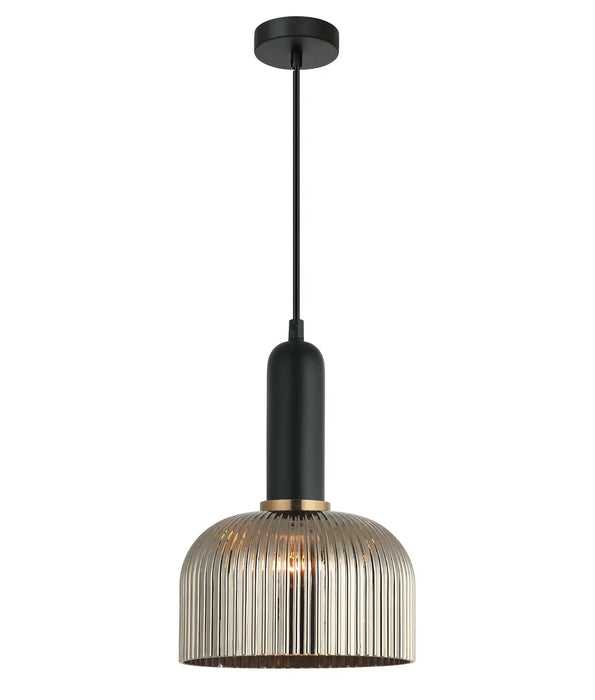 VINTAJ: Retro Dome Shape Ribbed Glass Interior Pendant Lights (Available in Smokey Black, Green, Amber, Copper Painted, Chrome & Clear)