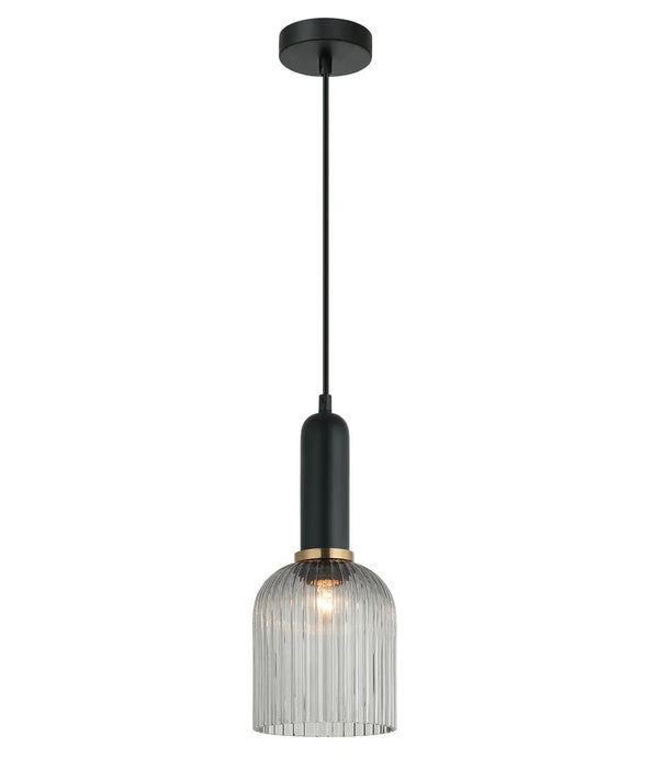 CLA VINTAJ: Retro Ellipse Shape Ribbed Glass Interior Pendant Lights (Available in Smokey Black, Green, Amber, Copper Painted, Chrome & Clear)