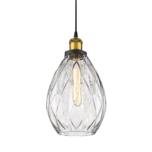 EVELYN - Small Modern Clear Crystal Glass 1 Light Pendant On Black Suspension Domus