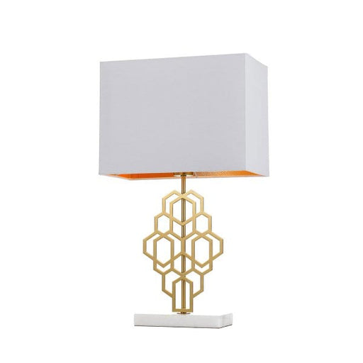 AKRON Small Antique Gold 1 x E27 Table Lamp with White Marble Base and White Shade + Gold Inside Telbix