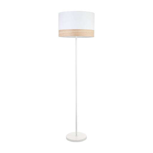 CLA TAMBURA - Large Modern Round White Cloth Shade Floor Lamp Featuring Blonde Wood Trim