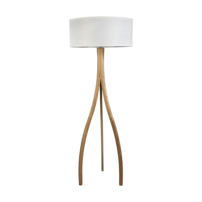 DANMARK - Stunning Wooden Tripod Base Floor Lamp Featuring Off White Fabric Shade