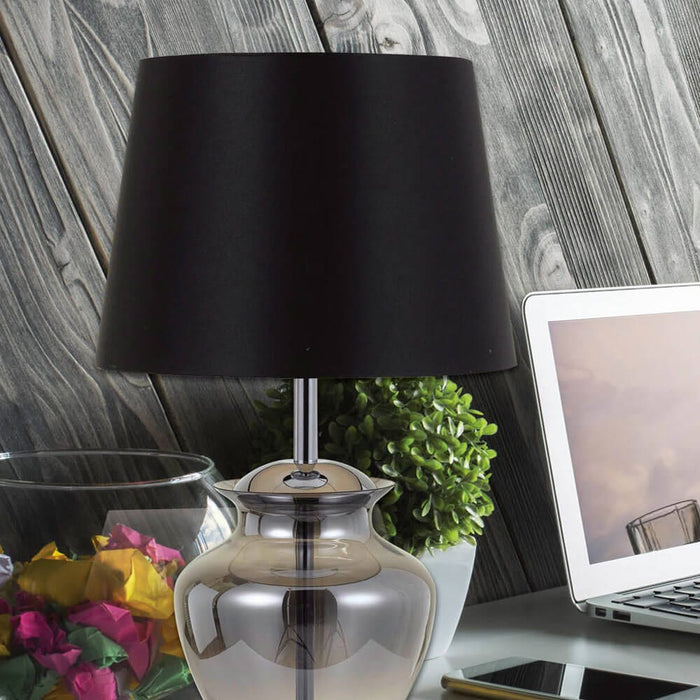 JUNE - Smoked Glass 1 Light Table Lamp With Plain Black Shade
