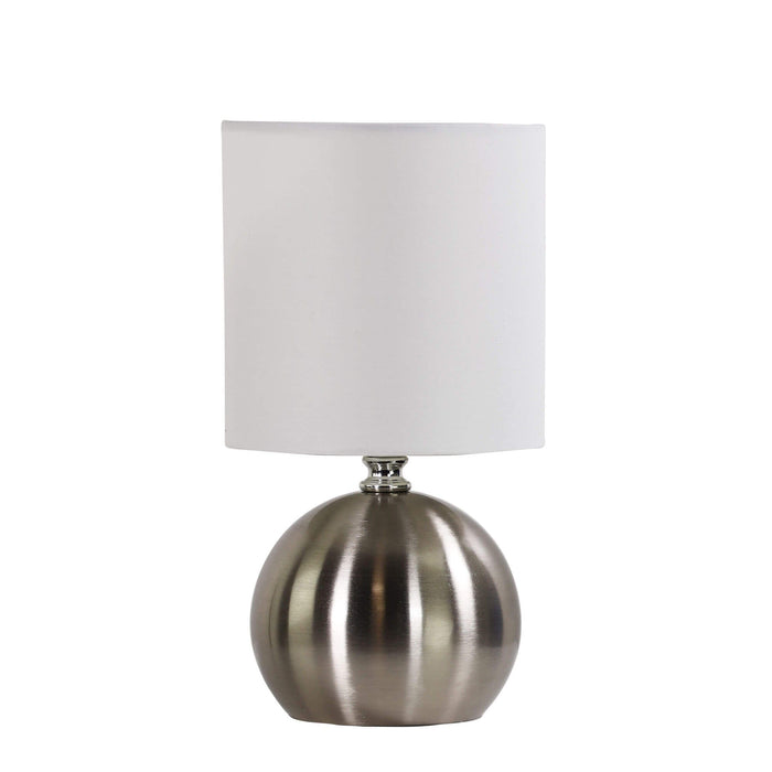 Oriel LOTTI - Compact Size Brushed Chrome ON/OFF Touch Table Lamp With White Drum Shade