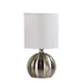 Oriel LOTTI - Compact Size Brushed Chrome ON/OFF Touch Table Lamp With White Drum Shade