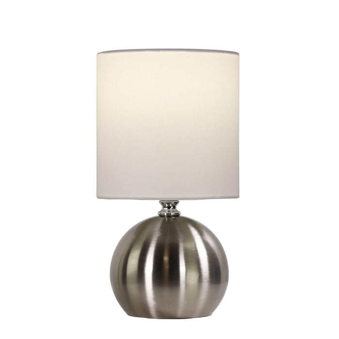 LOTTI - Compact Size Brushed Chrome ON/OFF Touch Table Lamp With White Drum Shade