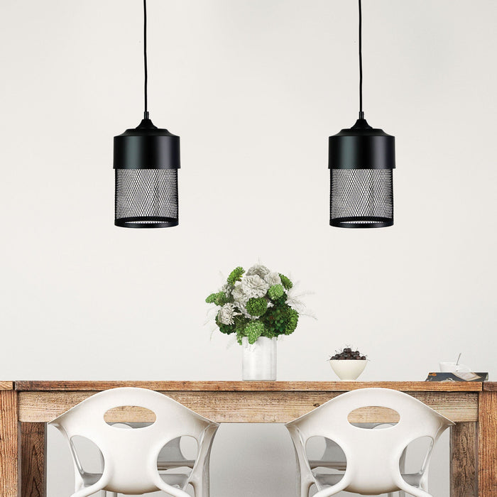 CHESTER - Small Matt Black Wrought Mesh 1 Light Pendant With Cloth Covered Suspension