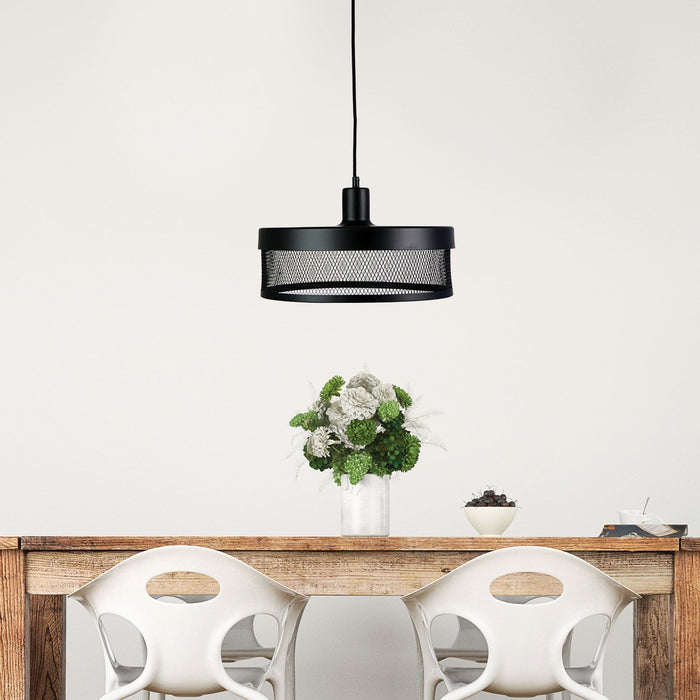 CHESTER - Large Matt Black Wrought Mesh 1 Light Pendant With Cloth Covered Suspension