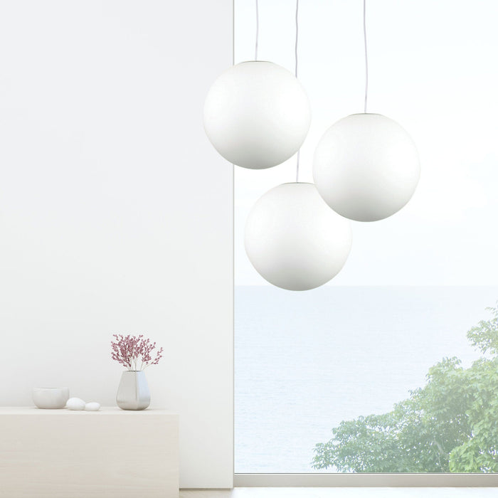 PHASE - Small Matt Opal Sphere Acrylic 1 Light Pendant With White Acrylic Cord & Painted Canopy - 300mm