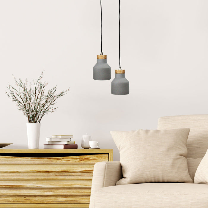PANTO.1 - Modern Small Concrete Finished 1 Light Pendant Featuring Natural Timber Canopy & Top Cap