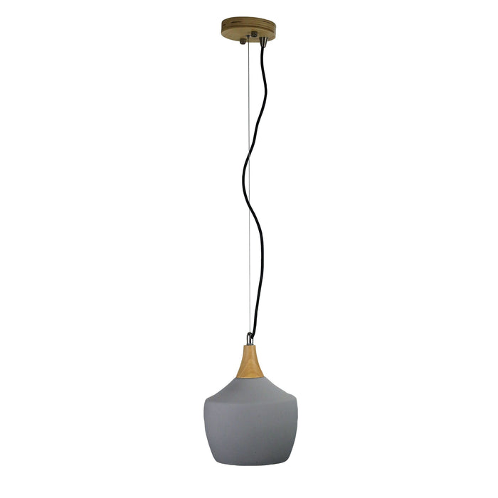 PANTO.3 - Modern Concrete Finished 1 Light Pendant Featuring Timber Highlights Suspended On Black Cloth Cord