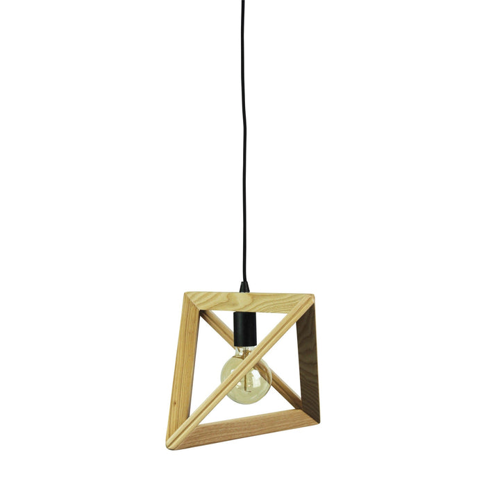 Oriel TRAP - Modern Unstained, Clear Coated Timber Triangular 1 Light Pendant Featuring Black Suspension & Lamp holder