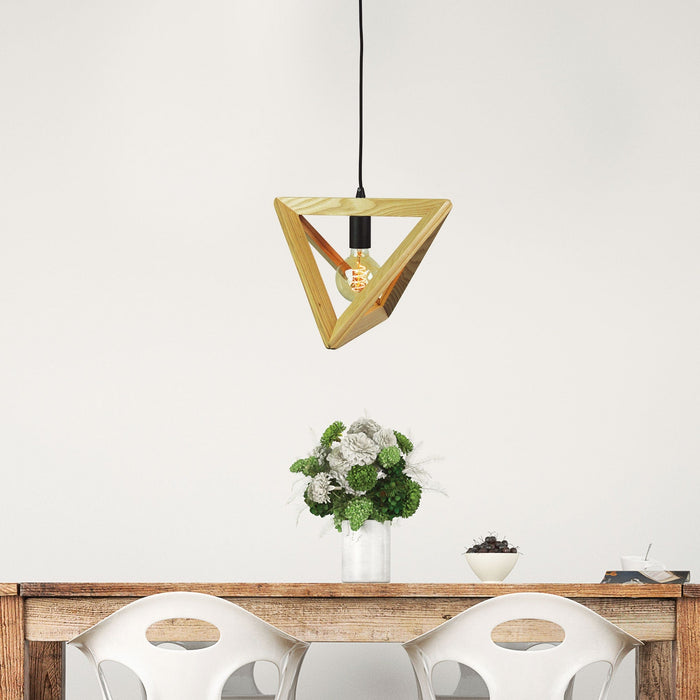 TRAP - Modern Unstained, Clear Coated Timber Triangular 1 Light Pendant Featuring Black Suspension & Lamp holder