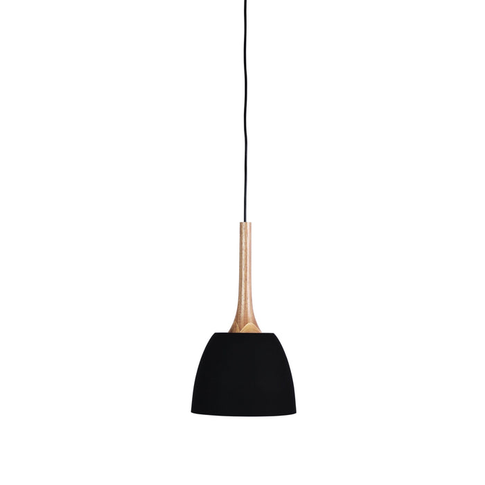 Oriel MALT.22 - Small Modern Matt Black Domed 1 Light Pendant Featuring Timber Highlight & White Inner Shade - 220mm