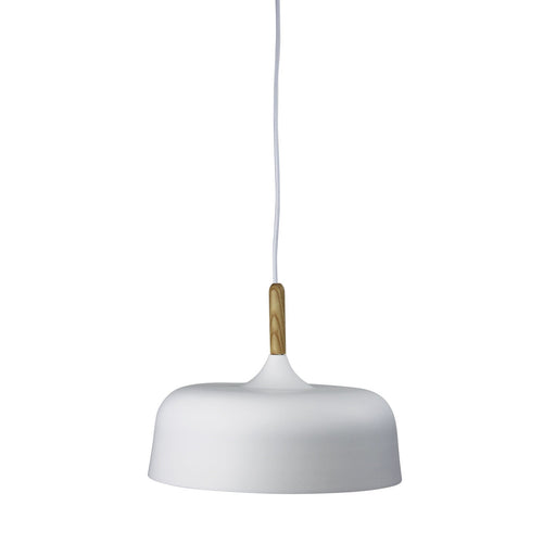 Oriel MALT.32 - Medium Modern Matt White Domed 1 Light Pendant Featuring Timber Highlight & White Inner Shade - 320mm