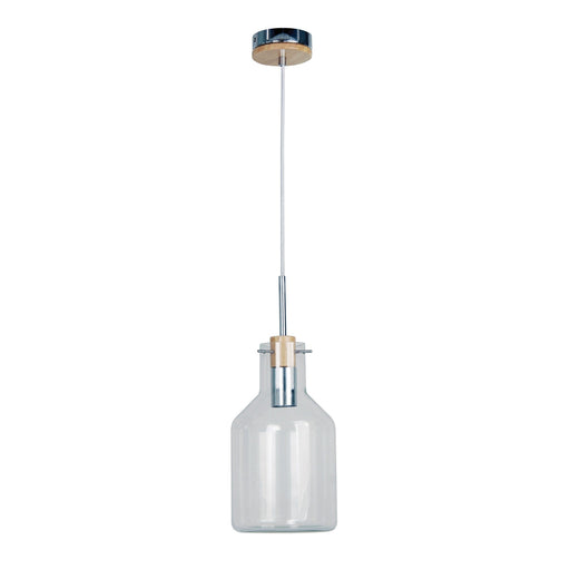 Oriel HOLBECK - Modern Bottle Shaped Clear Glass 1 Light Pendant With Timber Highlights 170mm