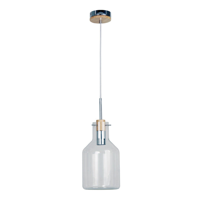 Oriel HOLBECK - Modern Bottle Shaped Clear Glass 1 Light Pendant With Timber Highlights 170mm