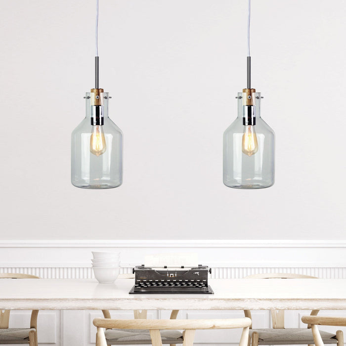 HOLBECK - Modern Bottle Shaped Clear Glass 1 Light Pendant With Timber Highlights 170mm