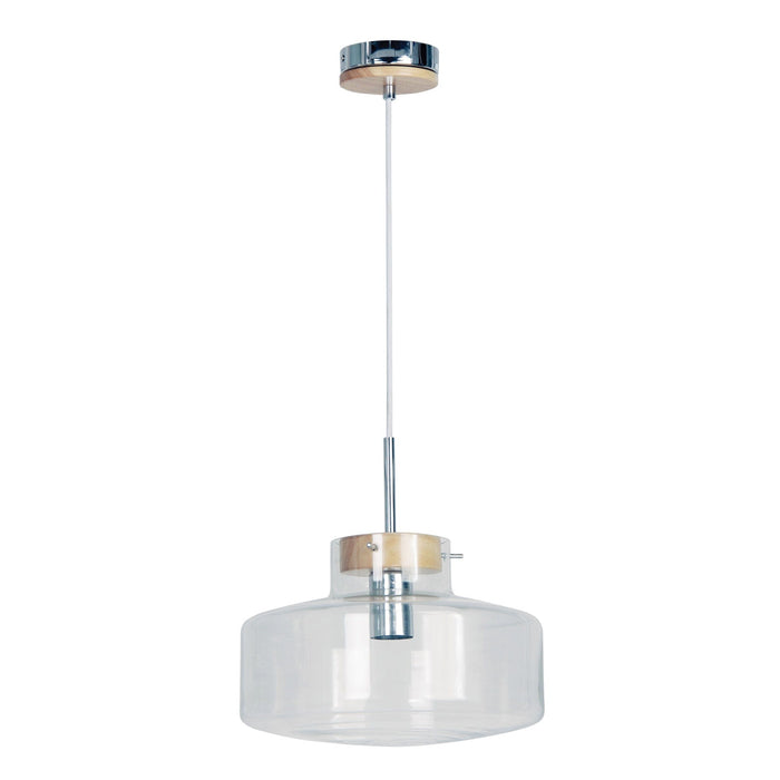 Oriel HOLBECK - Modern Flat Domed Shaped Clear Glass 1 Light Pendant With Timber Highlights 300mm