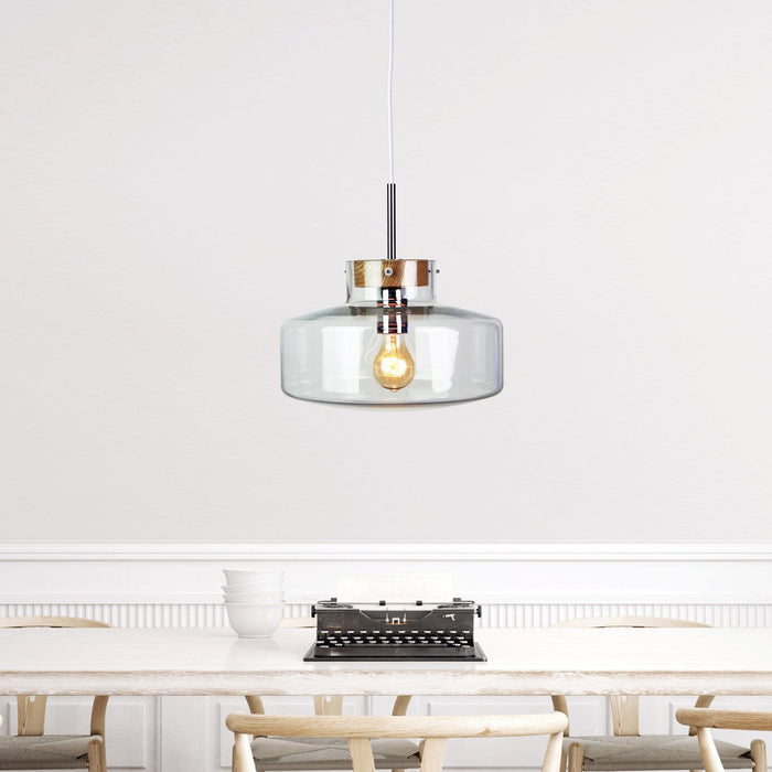 HOLBECK - Modern Flat Domed Shaped Clear Glass 1 Light Pendant With Timber Highlights 300mm