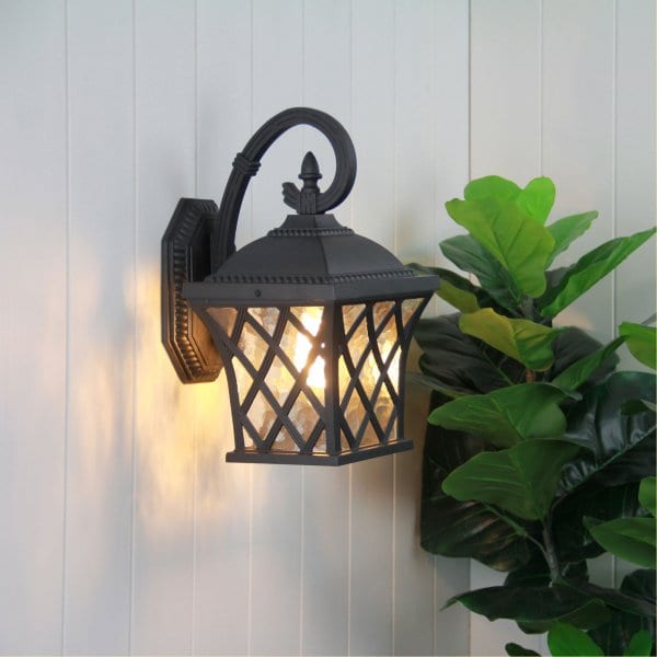 FAIRVIEW Black Exterior IP44 Down Facing Coach Wall Light with Obscure Glass Oriel