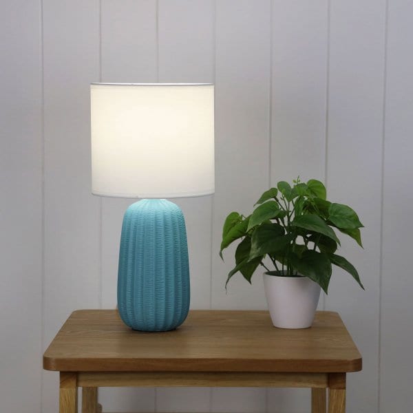 BENJY 20 Blue Ceramic 1 x E14 Table Lamp with Off-White Poly Cotton Shade Oriel