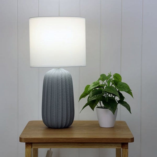 BENJY 25 Grey Ceramic 1 x E27 Table Lamp with Off-White Poly Cotton Shade Oriel