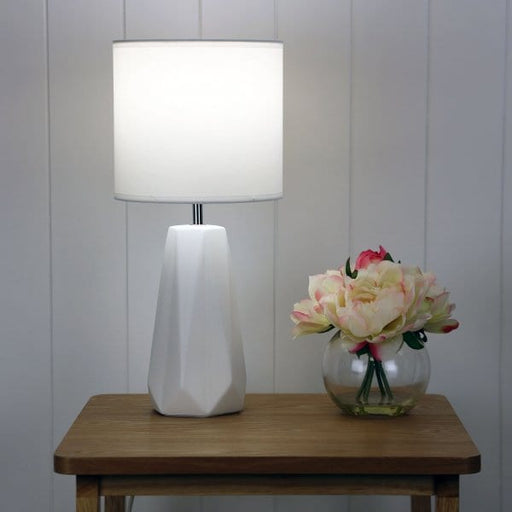 SHELLY White Ceramic 1 x E27 Table Lamp with White Poly Cotton Shade Oriel