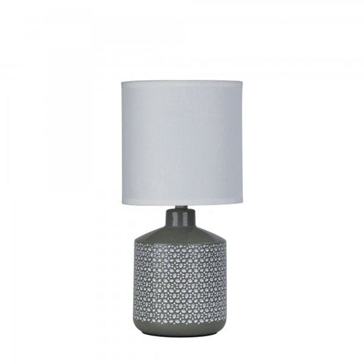 CELIA Grey Ceramic 1 x E14 Table Lamp with Off-White Poly Cotton Shade Oriel