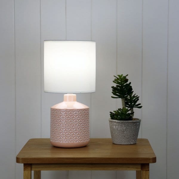 CELIA Pink Ceramic 1 x E14 Table Lamp with Off-White Poly Cotton Shade Oriel