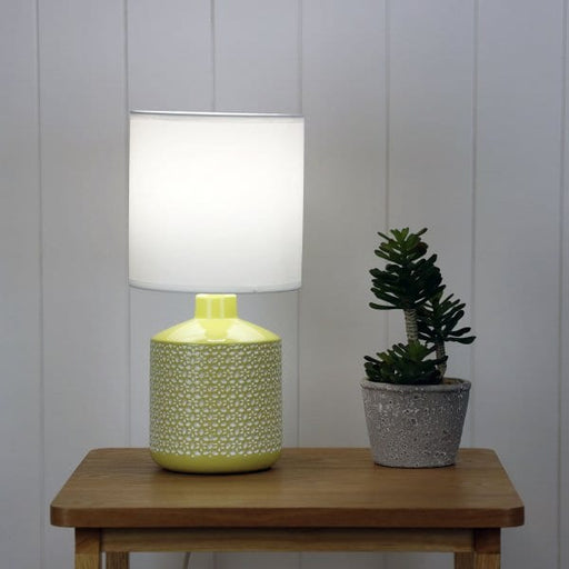 CELIA Yellow Ceramic 1 x E14 Table Lamp with Off-White Poly Cotton Shade Oriel