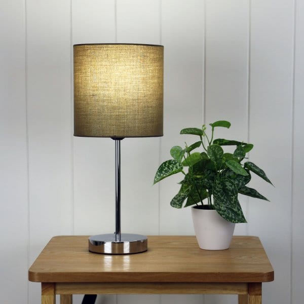 ZOLA Chrome 1 x E27 Table Lamp with Taupe Poly Cotton Shade Oriel