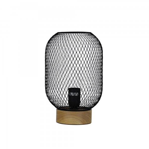 TILDA Black Wire Mesh 1 x E27 Table Lamp with Real Timber Base Oriel