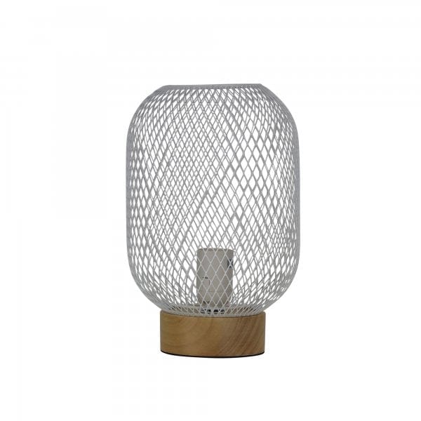 TILDA White Wire Mesh 1 x E27 Table Lamp with Real Timber Base Oriel