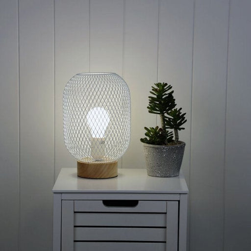 TILDA White Wire Mesh 1 x E27 Table Lamp with Real Timber Base Oriel