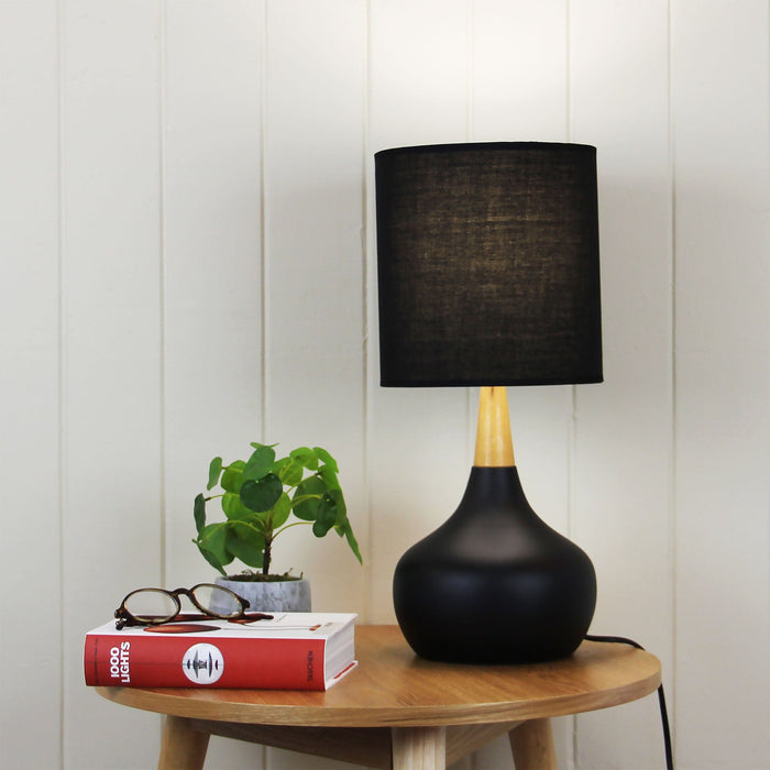 POD - Modern Black Metal Base 1 Light On/Off Touch Table Lamp Featuring Natural Timber Highlight & Black Shade  - ON/OFF TOUCH