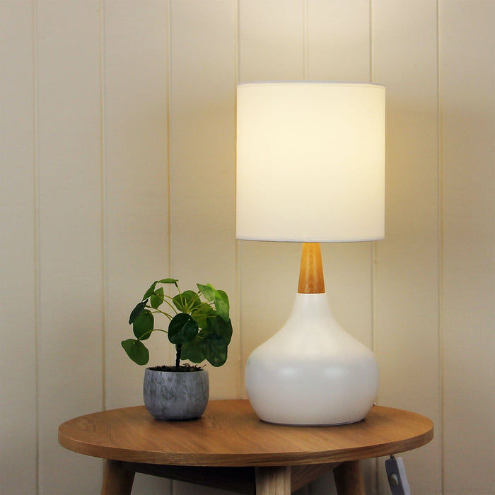POD - Modern White Metal Base 1 Light On/Off Touch Table Lamp Featuring Natural Timber Highlight & White Shade  - ON/OFF TOUCH