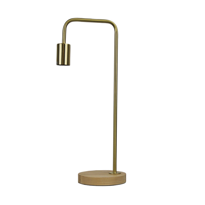 Oriel LANE - Brushed Brass 1 Light Table Lamp On Timber Look Base