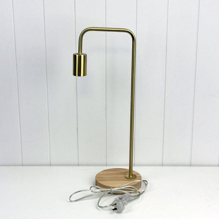 LANE - Brushed Brass 1 Light Table Lamp On Timber Look Base