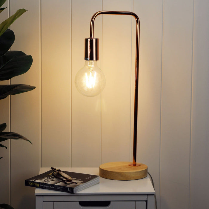 LANE - Modern Copper 1 Light Table Lamp On Timber Look Base