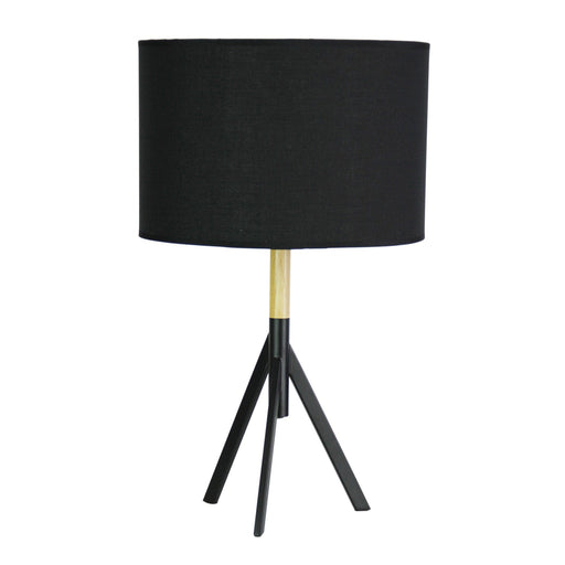 Oriel MICKY - Modern Black 1 Light Tripod Table Lamp Featuring Real Timber Highlights & Matching Cotton Shade
