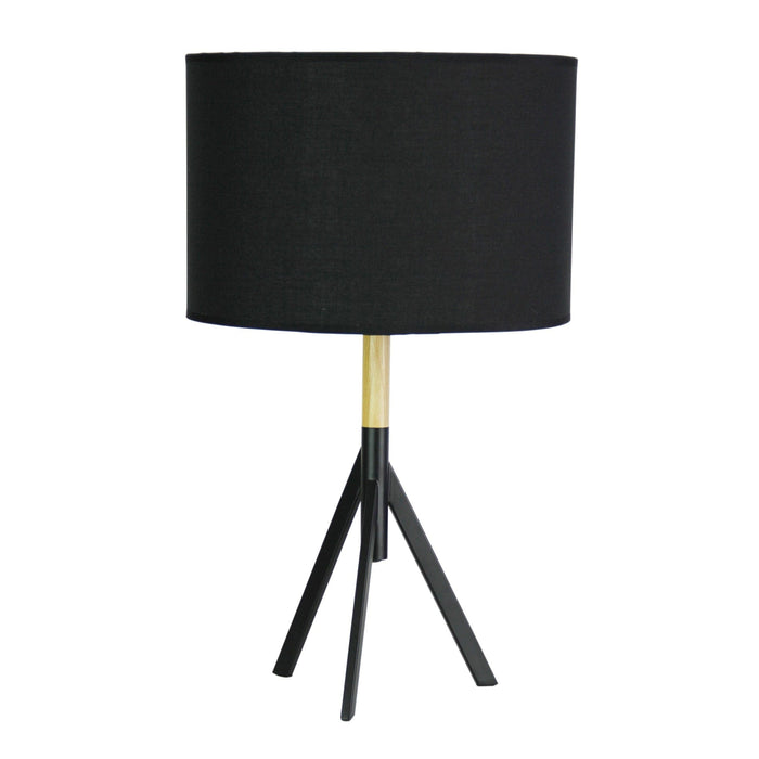 Oriel MICKY - Modern Black 1 Light Tripod Table Lamp Featuring Real Timber Highlights & Matching Cotton Shade