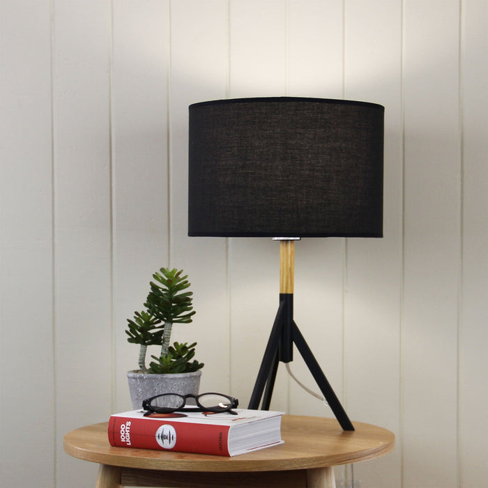 MICKY - Modern Black 1 Light Tripod Table Lamp Featuring Real Timber Highlights & Matching Cotton Shade