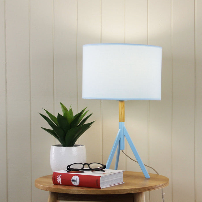 MICKY - Modern Blue 1 Light Tripod Table Lamp Featuring Real Timber Highlights & Matching Cotton Shade