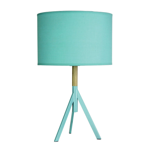 Oriel MICKY - Modern Teal 1 Light Tripod Table Lamp Featuring Real Timber Highlights & Matching Cotton Shade