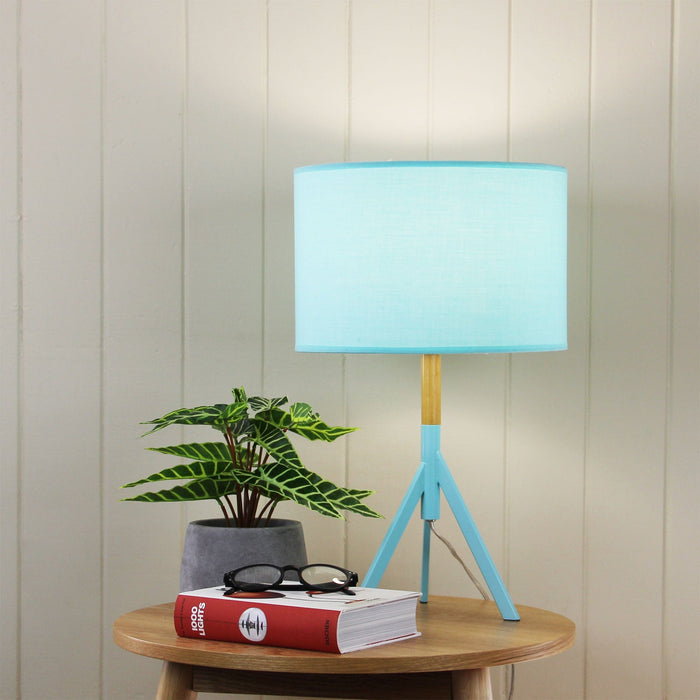 MICKY - Modern Teal 1 Light Tripod Table Lamp Featuring Real Timber Highlights & Matching Cotton Shade