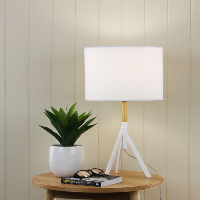 MICKY - Modern White 1 Light Tripod Table Lamp Featuring Real Timber Highlights & Matching Cotton Shade