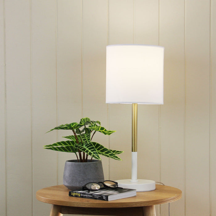 CORDA - Contemporary White & Brass Base 1 Light Table Lamp With White Shade