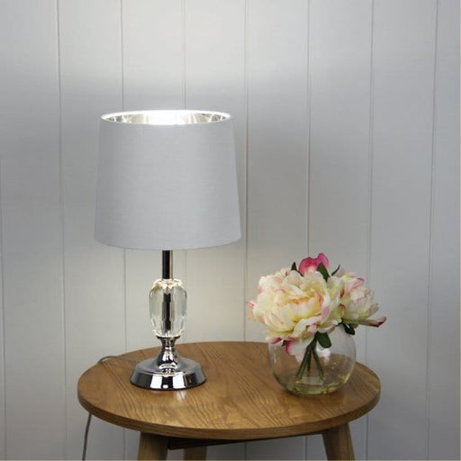 MAYA 3 Crystal and Chrome 1 x E27 Table Lamp with Ivory Polyester Linen Shade Oriel